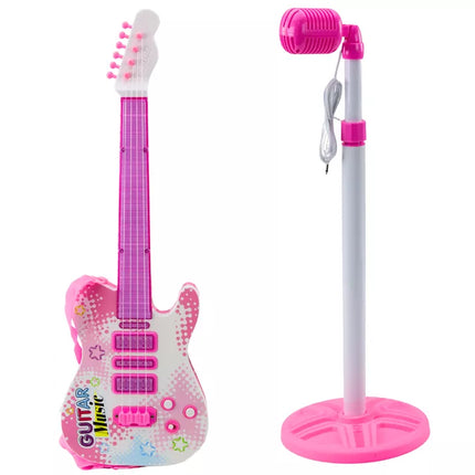 Rožinės elektrinės gitaros rinkinys su mikrofonu ir baterijomis