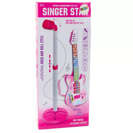 Rožinės elektrinės gitaros rinkinys su mikrofonu ir baterijomis