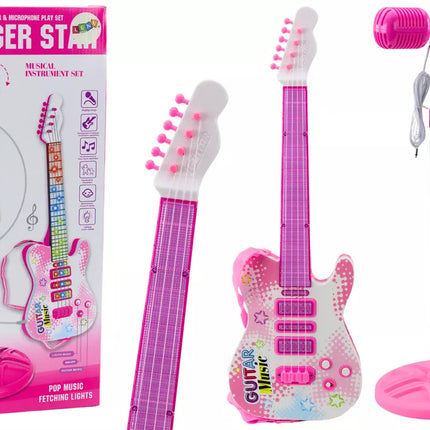Rožinės elektrinės gitaros rinkinys su mikrofonu ir baterijomis
