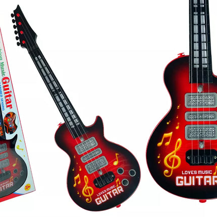 Raudona elektrinė gitara su stygomis ir šviesos efektu