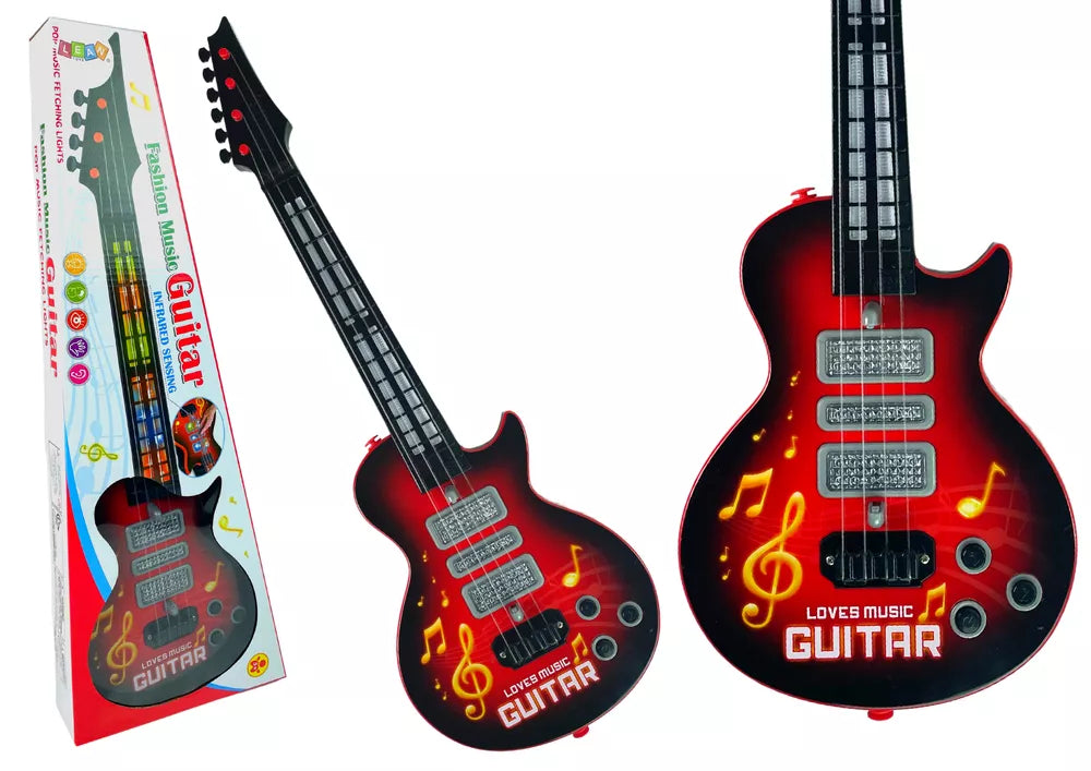 Raudona elektrinė gitara su stygomis ir šviesos efektu