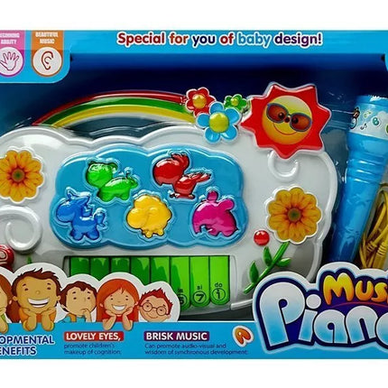 Baltas elektroninis fortepijonas su mėlynu mikrofonu