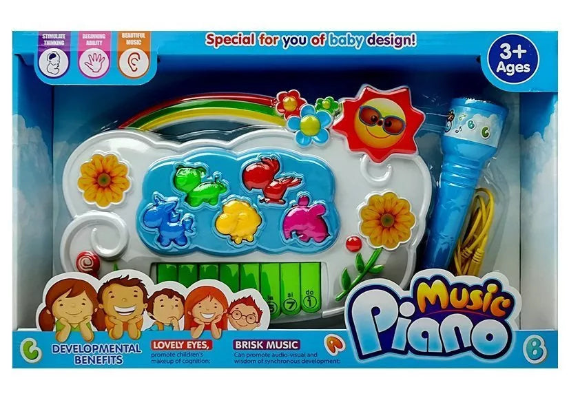 Baltas elektroninis fortepijonas su mėlynu mikrofonu