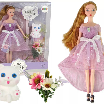 Ilgaplaukė lėlė Emilija su katinu ir gėlėmis