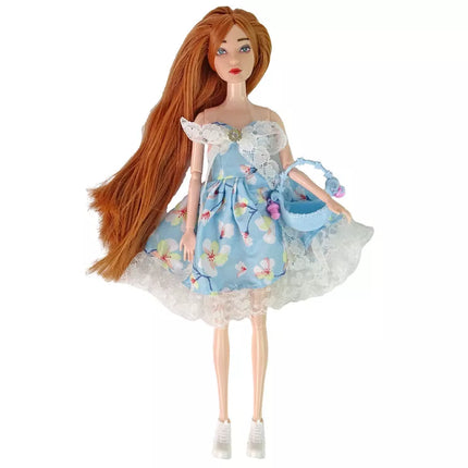 Raudonplaukė lėlė Emily su gėlėmis ir krepšiu