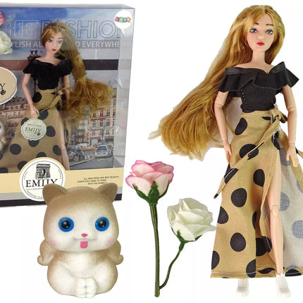 Ilgaplaukė lėlė Emily su katinu ir rožėmis