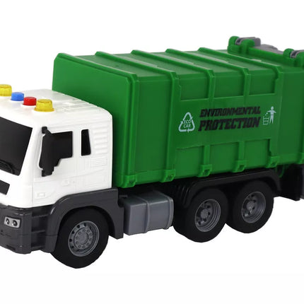 Žalia šiukšliavežė su kranu ir konteineriais