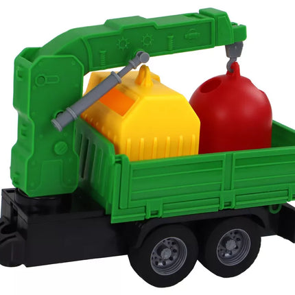 Žalia šiukšliavežė su kranu ir konteineriais