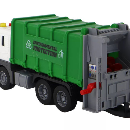 Žalia šiukšliavežė su kranu ir konteineriais