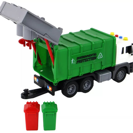 Žalia šiukšliavežė su kranu ir konteineriais