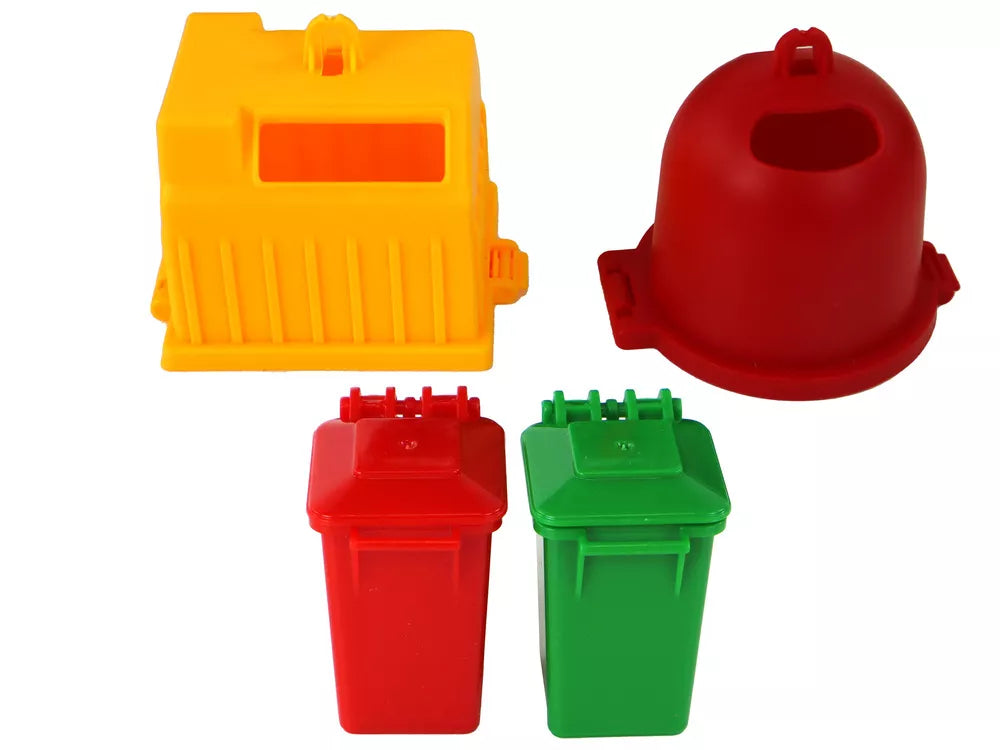 Žalia šiukšliavežė su kranu ir konteineriais