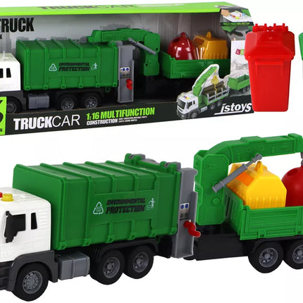 Žalia šiukšliavežė su kranu ir konteineriais