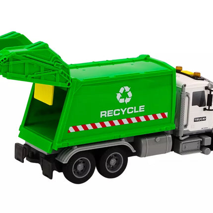 Žalia šiukšliavežė su atidaromomis durimis