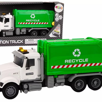 Žalia šiukšliavežė su atidaromomis durimis