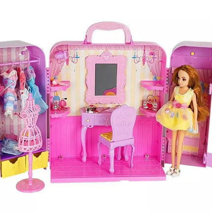 Lėlės drabužių spinta su veidrodžiu ir aksesuarais