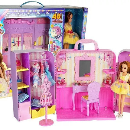 Lėlės drabužių spinta su veidrodžiu ir aksesuarais