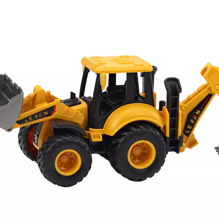 Geltonas ekskavatorius su dviem reguliuojamais kaušais