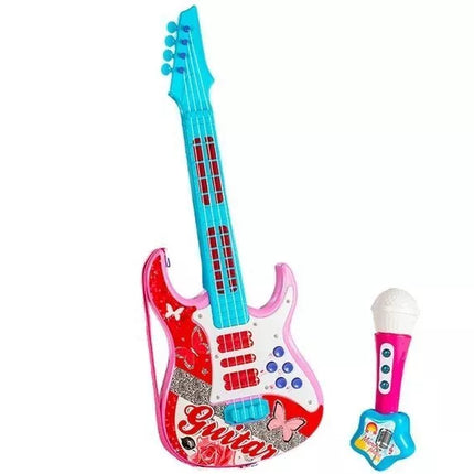 Rožinė/mėlyna elektrinė gitara su stygomis ir mikrofonu