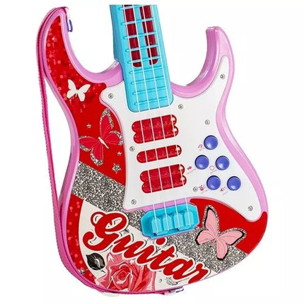 Rožinė/mėlyna elektrinė gitara su stygomis ir mikrofonu