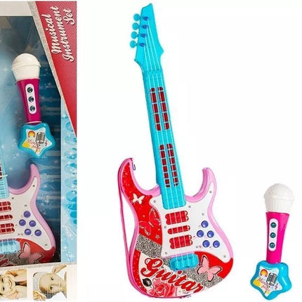 Rožinė/mėlyna elektrinė gitara su stygomis ir mikrofonu