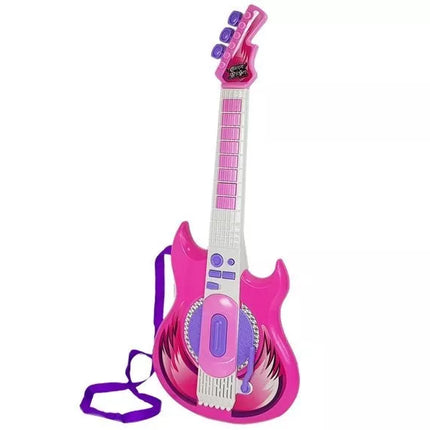 Rožinė roko žvaigždės gitara su miktofonu