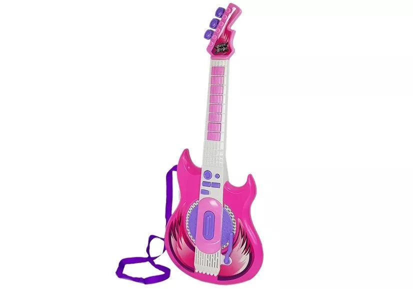 Rožinė roko žvaigždės gitara su miktofonu