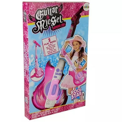 Rožinė roko žvaigždės gitara su miktofonu