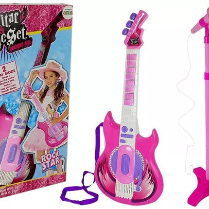 Rožinė roko žvaigždės gitara su miktofonu
