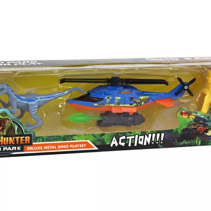Dinozaurų parko rinkinys su mėlynu sraigtasparniu ir dinozaurais
