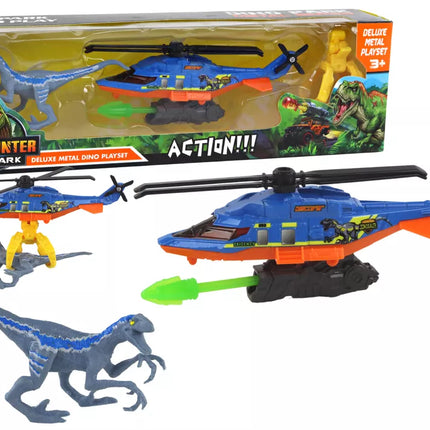 Dinozaurų parko rinkinys su mėlynu sraigtasparniu ir dinozaurais
