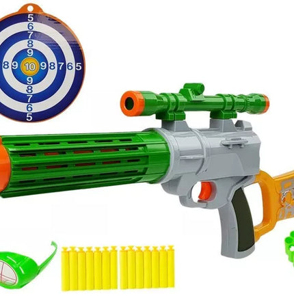 Šautuvas su putplaščio šoviniais ir taikiniu