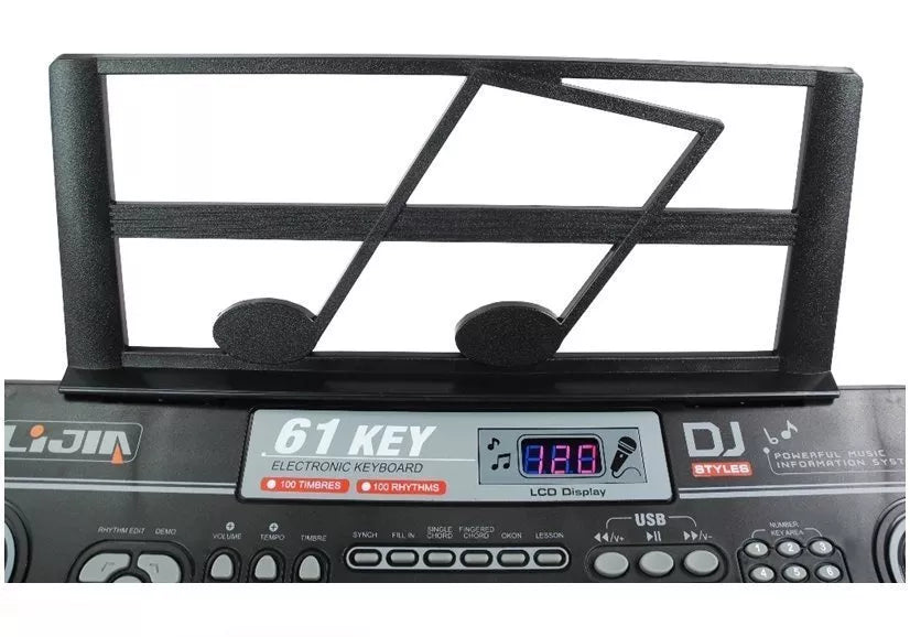 Juodas elektrinis pianinas su 61klavišu ir mikrofonu