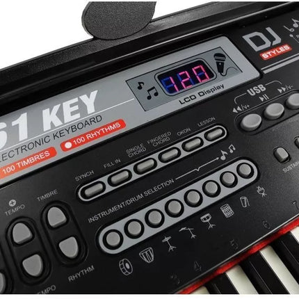Juodas elektrinis pianinas su 61klavišu ir mikrofonu