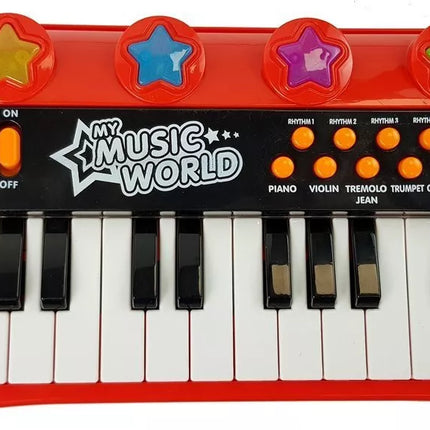 Raudona pianino klaviatūra su 24 klavišais ir mikrofonu