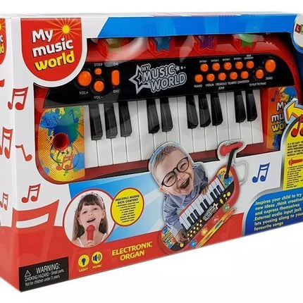 Raudona pianino klaviatūra su 24 klavišais ir mikrofonu