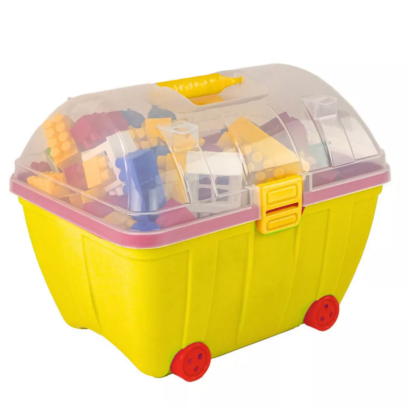 Maža skrynia su spalvotais statybiniais blokeliais