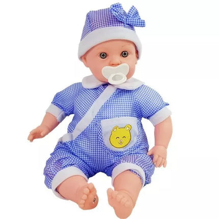 Kūdikio lėlė su mėlynais rūbais ir aksesuarais