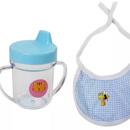 Kūdikio lėlė su mėlynais rūbais ir aksesuarais