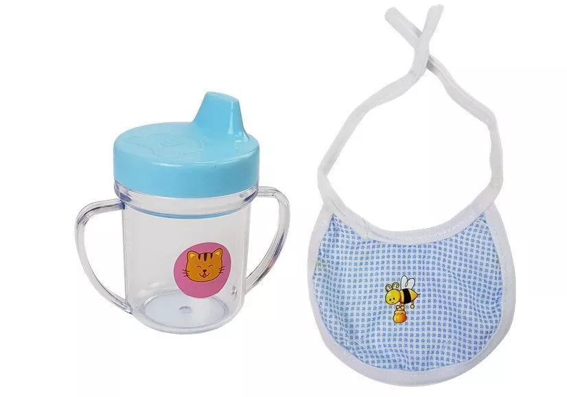 Kūdikio lėlė su mėlynais rūbais ir aksesuarais