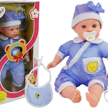 Kūdikio lėlė su mėlynais rūbais ir aksesuarais