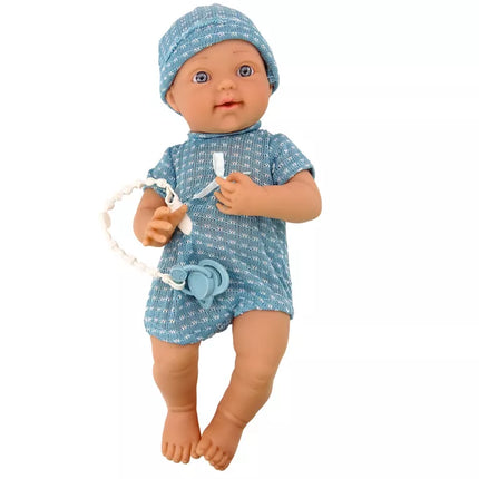 Lėlė kūdikis su mėlynais drabužėliais ir čiulptuku