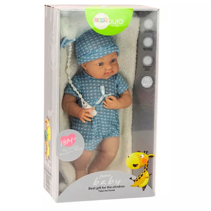 Lėlė kūdikis su mėlynais drabužėliais ir čiulptuku