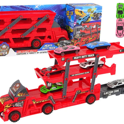 Didelis raudonas trijų aukštų vilkikas