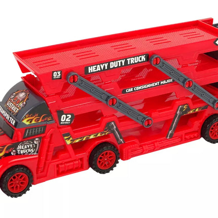 Didelis raudonas trijų aukštų vilkikas