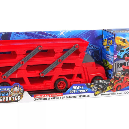 Didelis raudonas trijų aukštų vilkikas