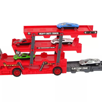 Didelis raudonas trijų aukštų vilkikas