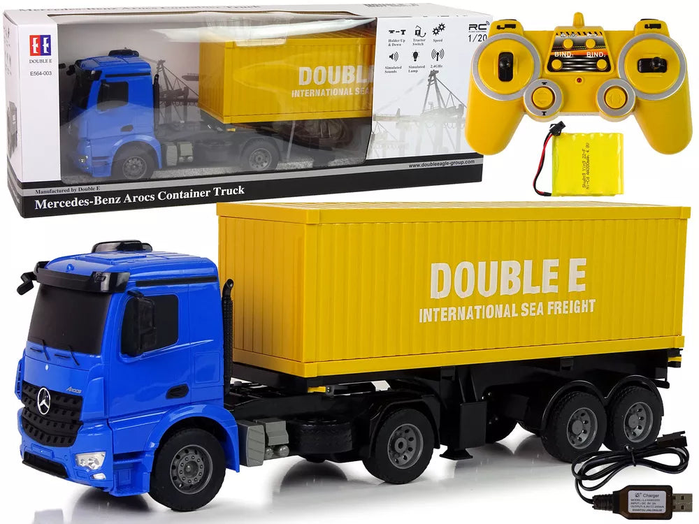 Didelis R/C sunkvežimis Mercedes Arocs Blue 1:20 Konteineris 58 cm ilgio