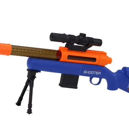 Didelis mėlynas šautuvas su šoviniais ir stovu