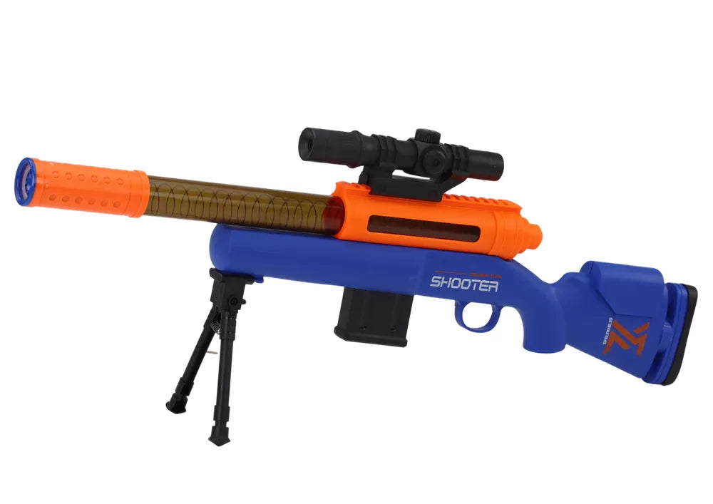 Didelis mėlynas šautuvas su šoviniais ir stovu