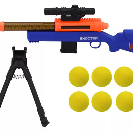 Didelis mėlynas šautuvas su šoviniais ir stovu